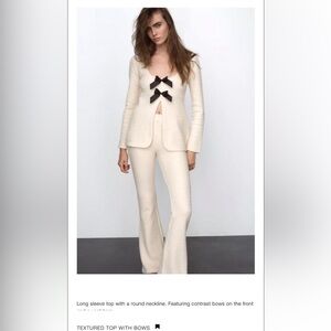 Zara Cream Knit Long-Sleeve Top with Black Bow Details